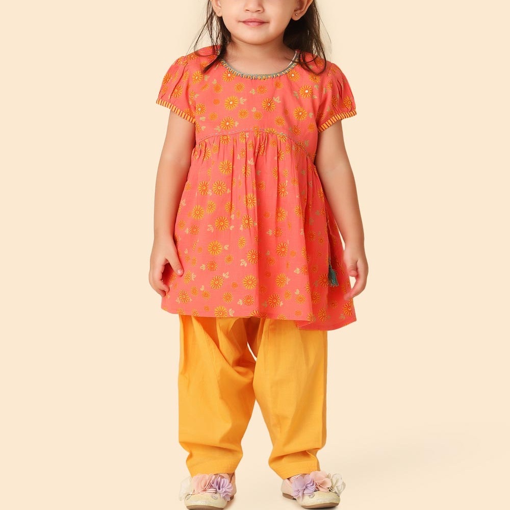 Fabindia Orange %100 Cotton Printed Set (6-12months)